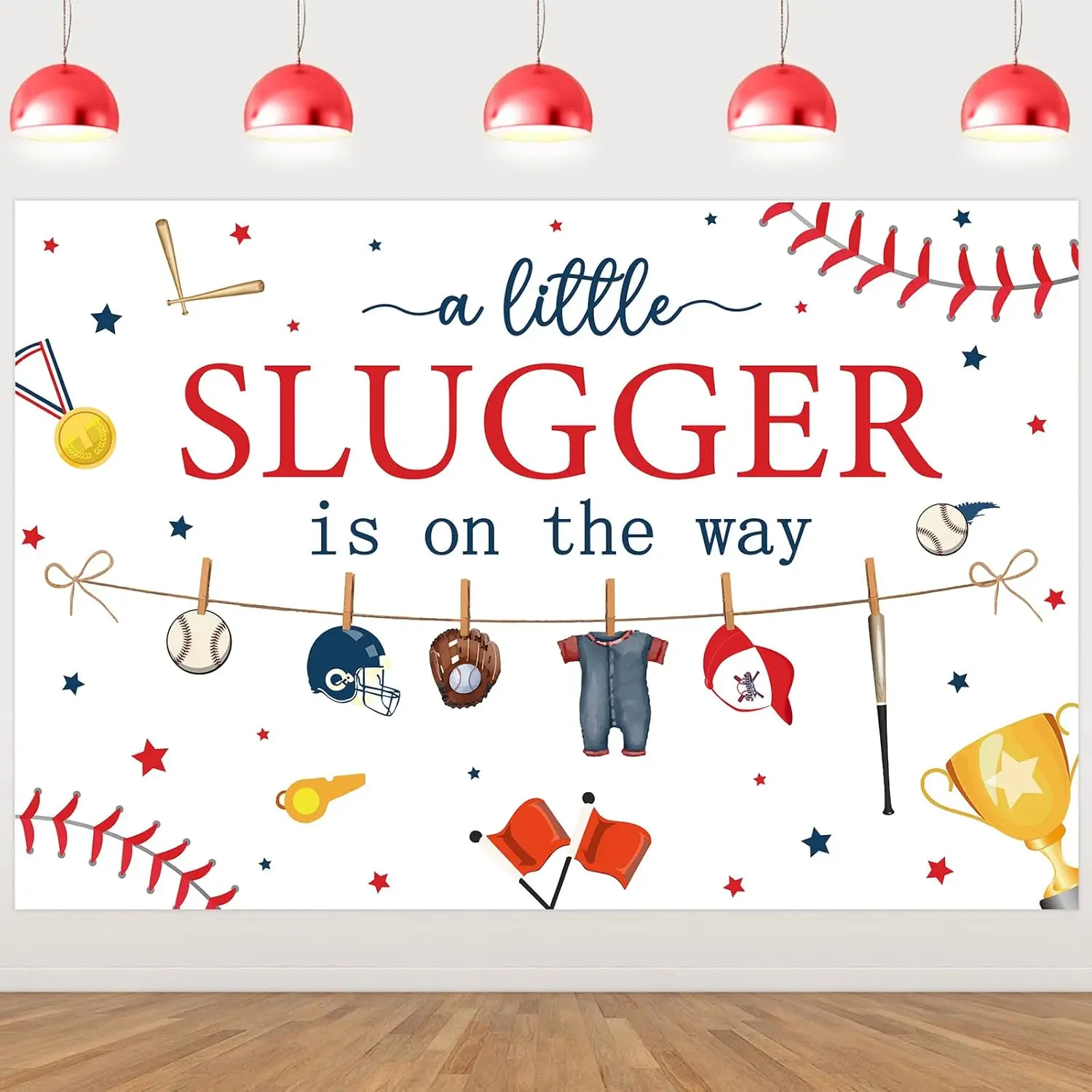 

Sursurprise Baseball Baby Shower Decoration Red A Little Slugger Is on The Way Background Trophy Banner Boy Sports Party Supplie