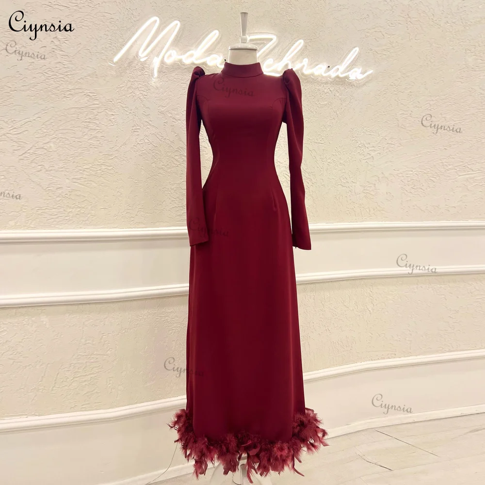 

Ciynsia High Neck Straight Islamic Clothing Formal Dress Long Robes De Soirée Muslim Long Sleeve Evening Dresses with Feathers