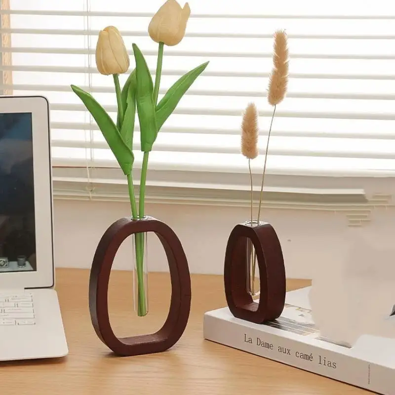Hydroponic Test Tube Vase Set with Wooden Stand Creative Clear Glass Planter for Cafe Desktop Decor Gift