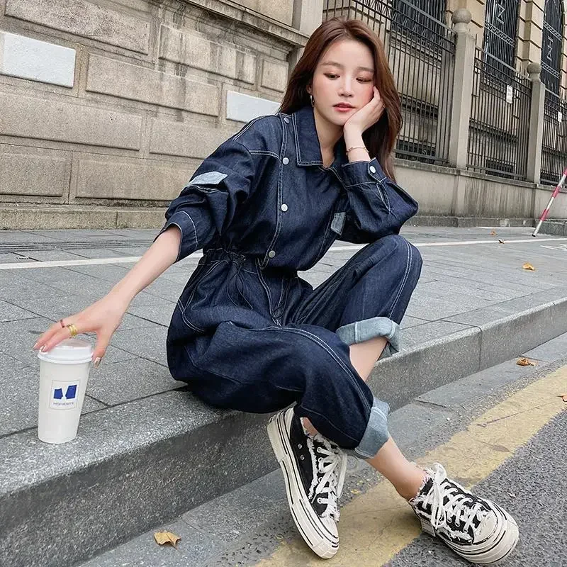 Solid Jumpsuits Women Long Sleeved Polo-neck Loose Harajuku Straight Pants Casual Denim Workwear Korean Style Vintage Playsuits