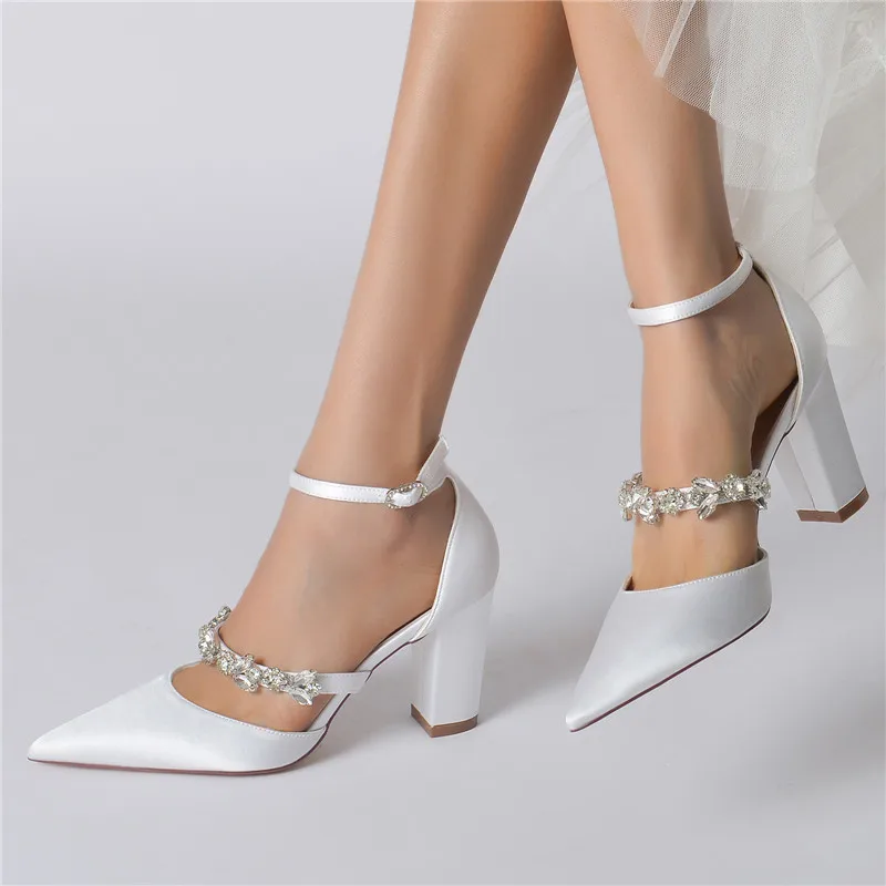 Satin Rhinestones Block Heels Wedding Shoes Pointed Toe Ankle Buckle Strap Prom Evening Bridal Party High Heel Pumps Shoes