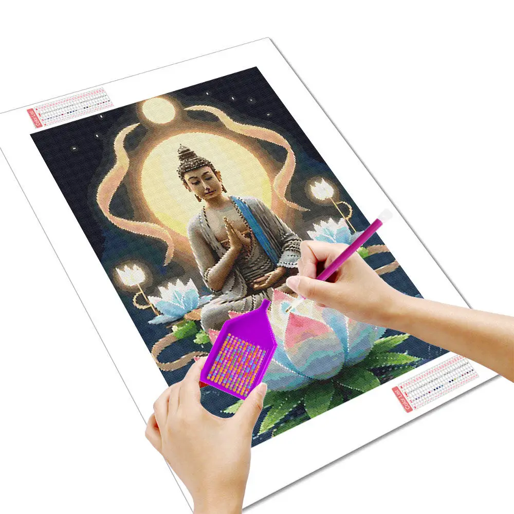 HUACAN Full  Kits Diamond Painting Buddha Meditative Lotus Blossom Spiritual 5D Diamond Embroidery Kits DIY Art Rhinestone Decor