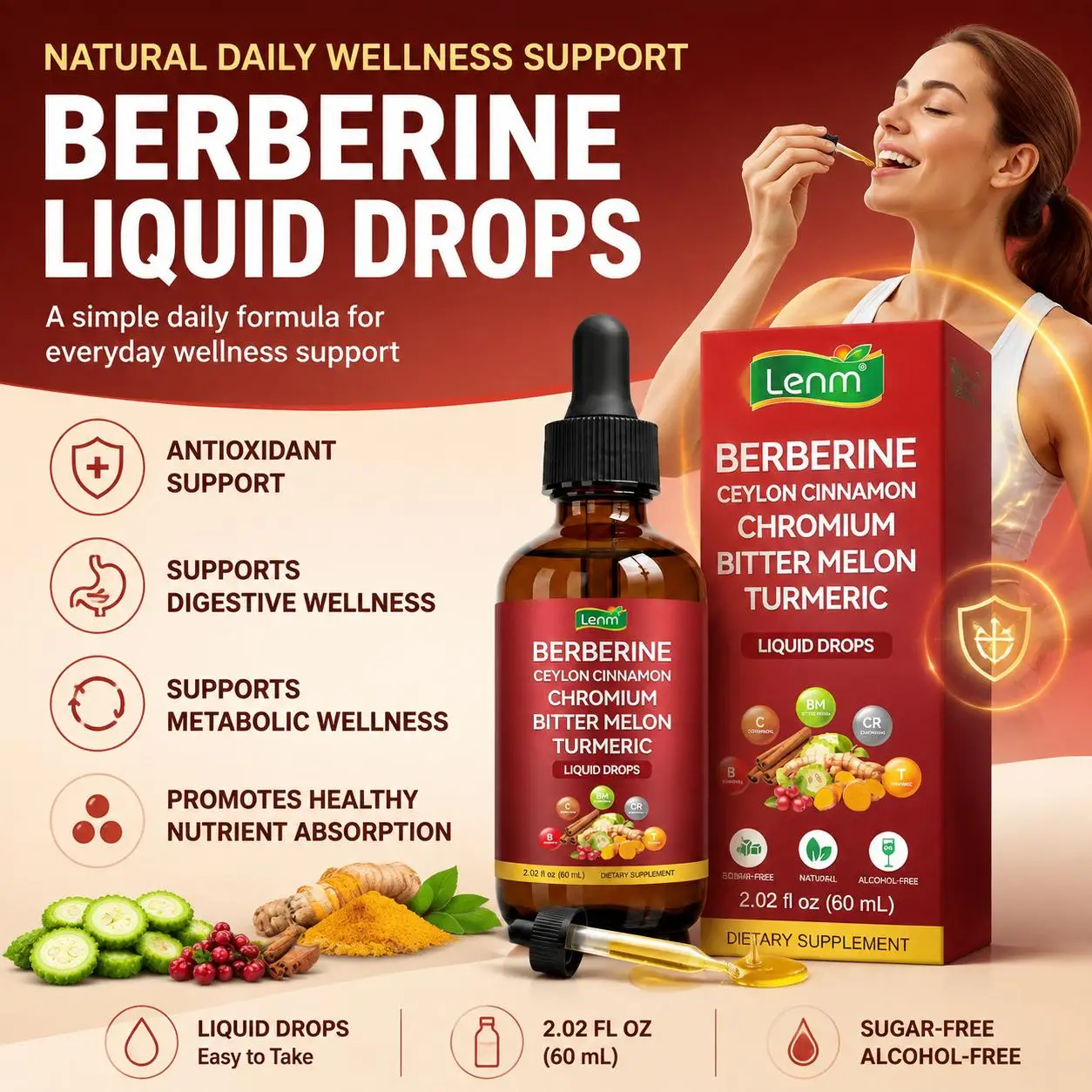 Berberine Ceylon Cinnamon Chromium Liquid Drops with Bitter Melon and Turmeric Extract, Sugar-Free Alcohol-Free 30 Servings