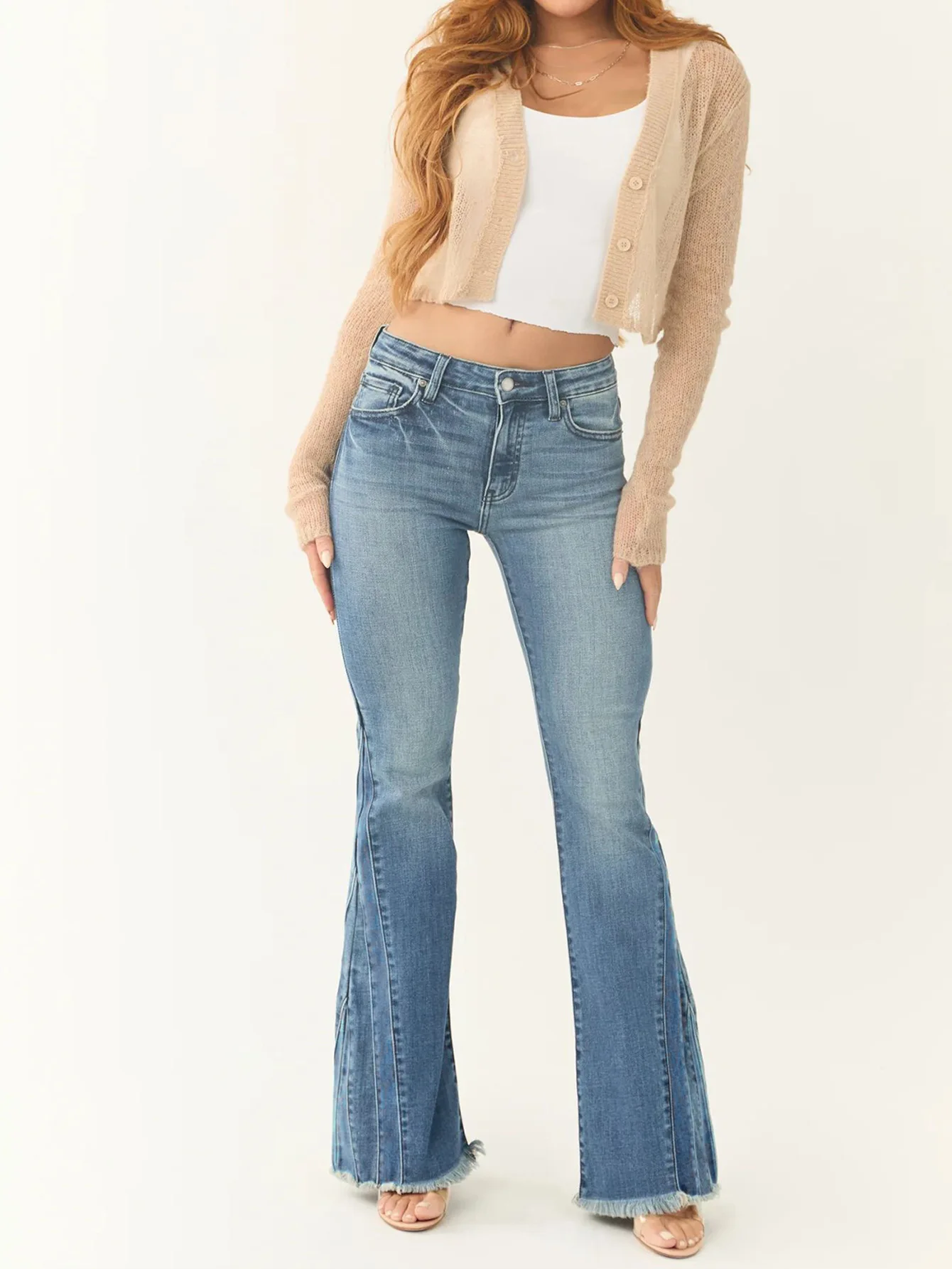 Jeans elasticizzati comodi vintage autunno/inverno, pantaloni leggermente svasati in denim slim fit a vita alta da donna con cimosa ruvida