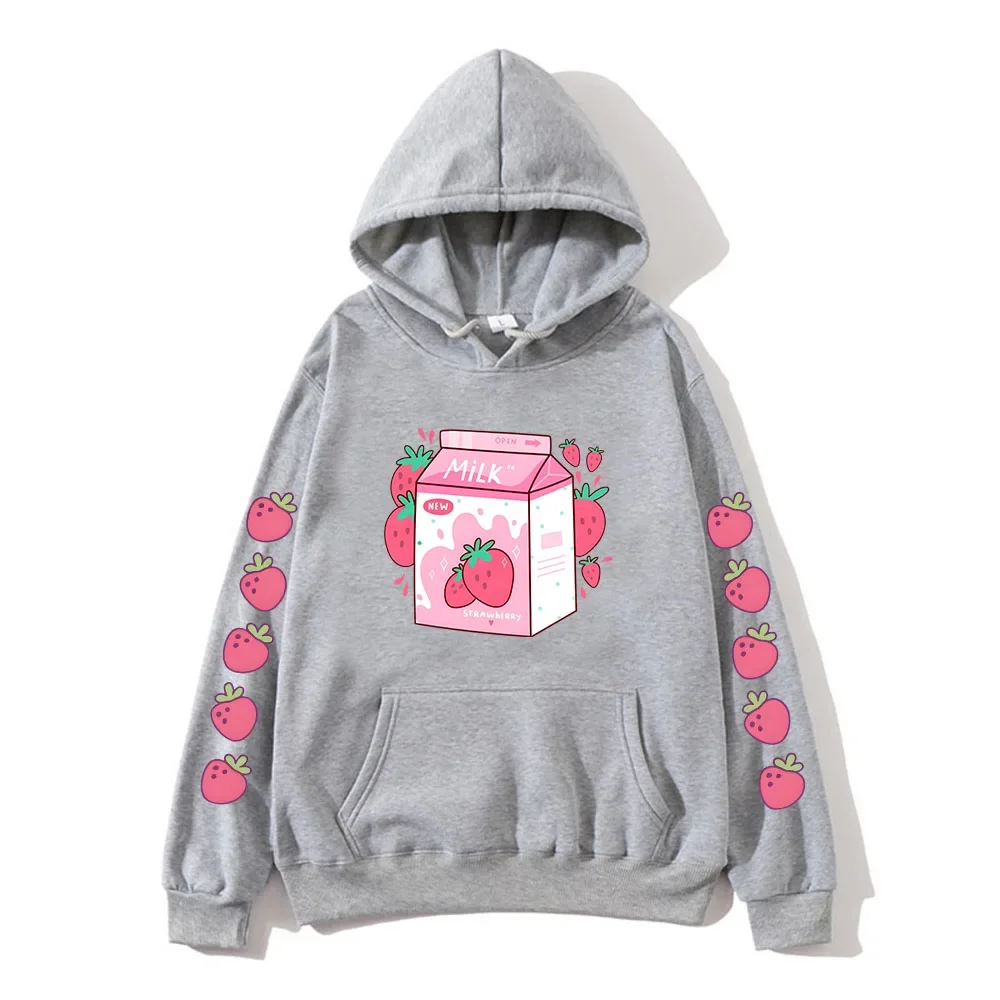 Cartoon Strawberry Milk Cute Printed Clothing Women Hoodies Plus Size Sweatshirt Aesthetic Trendy Female Winter Warm Streetwear