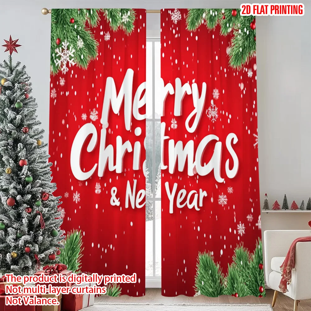 

2pcs 2D flat printing Merry Christmas Party Curtains Christmas and New Year 00 Durable Polyester Without Electricity Festive