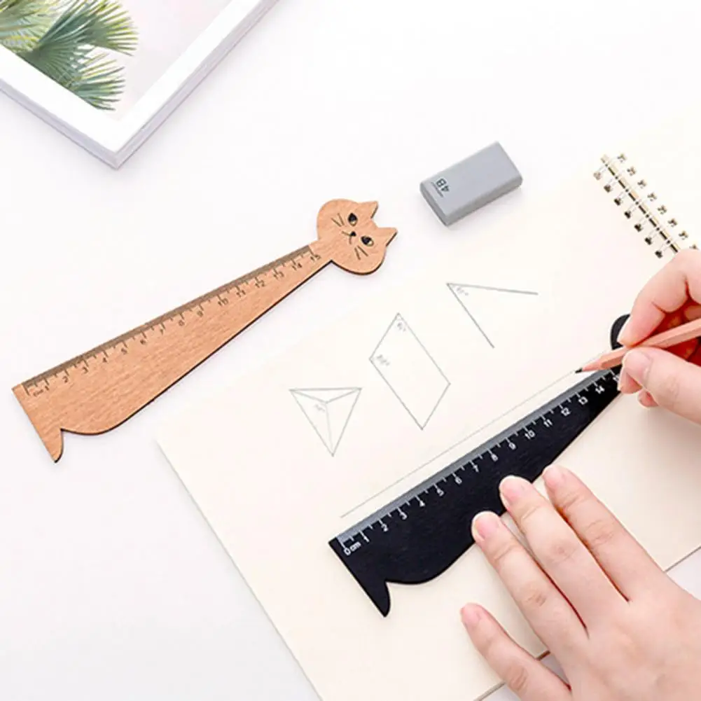 Straight Ruler Retro Sturdy Clear Scale Stationery Cartoon Cat Wooden Drawing Ruler for School Measuring Drawing Office Supply