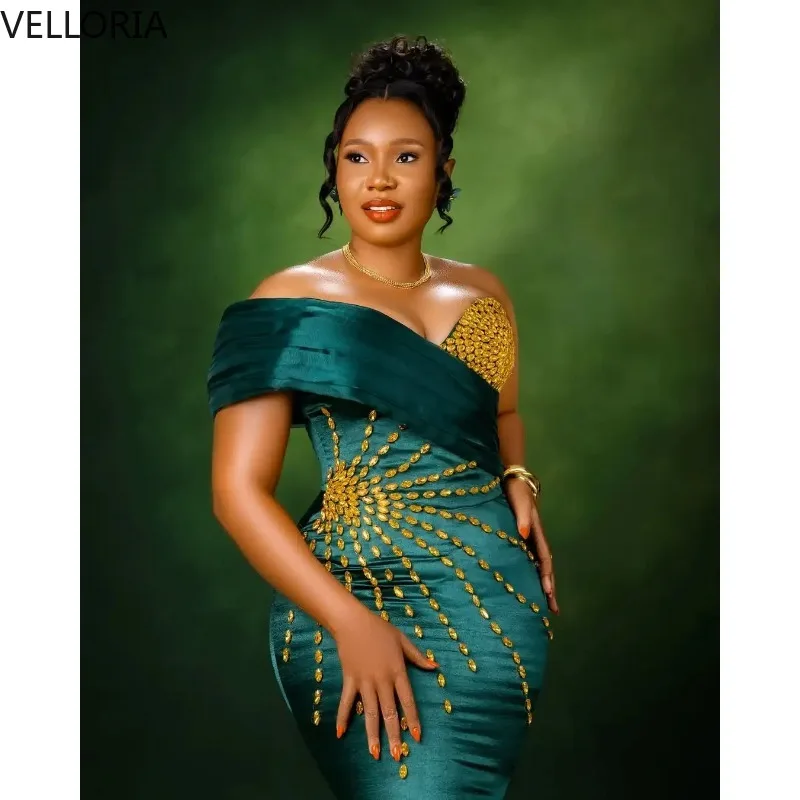 African Emerald Green Off Shoulder Mermaid Evening Dress Gold Beaded Bodycon Party Gown Formal Gown Plus Size Wedding Customized image 3