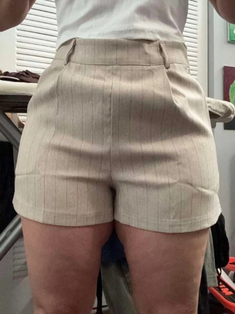 Women's Beige Striped Shorts Pleated Design Tailored Fit Ideal for Office Looks Casual Outings Fashionable Summer Styles