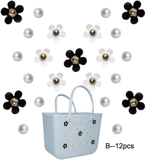 12 Pcs Flower Charms and Pearl Charms Compatible with Bogg Bag＆Simply Southern Totes, Pearl Bag Bits Insert Charm Accessories