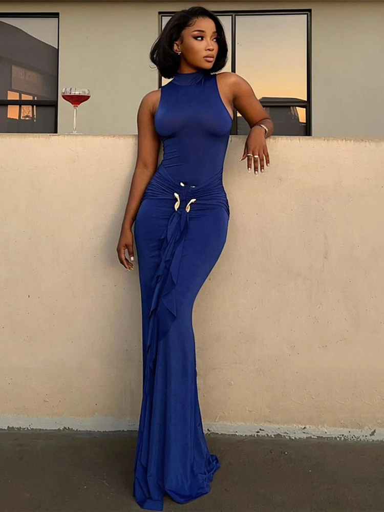 Whatiwear Metalen Gesp Patchwork Maxi Jurk Vrouwen Coltrui Mouwloos Lint Middernacht Prom Banket Elegante Skinny Vestidos