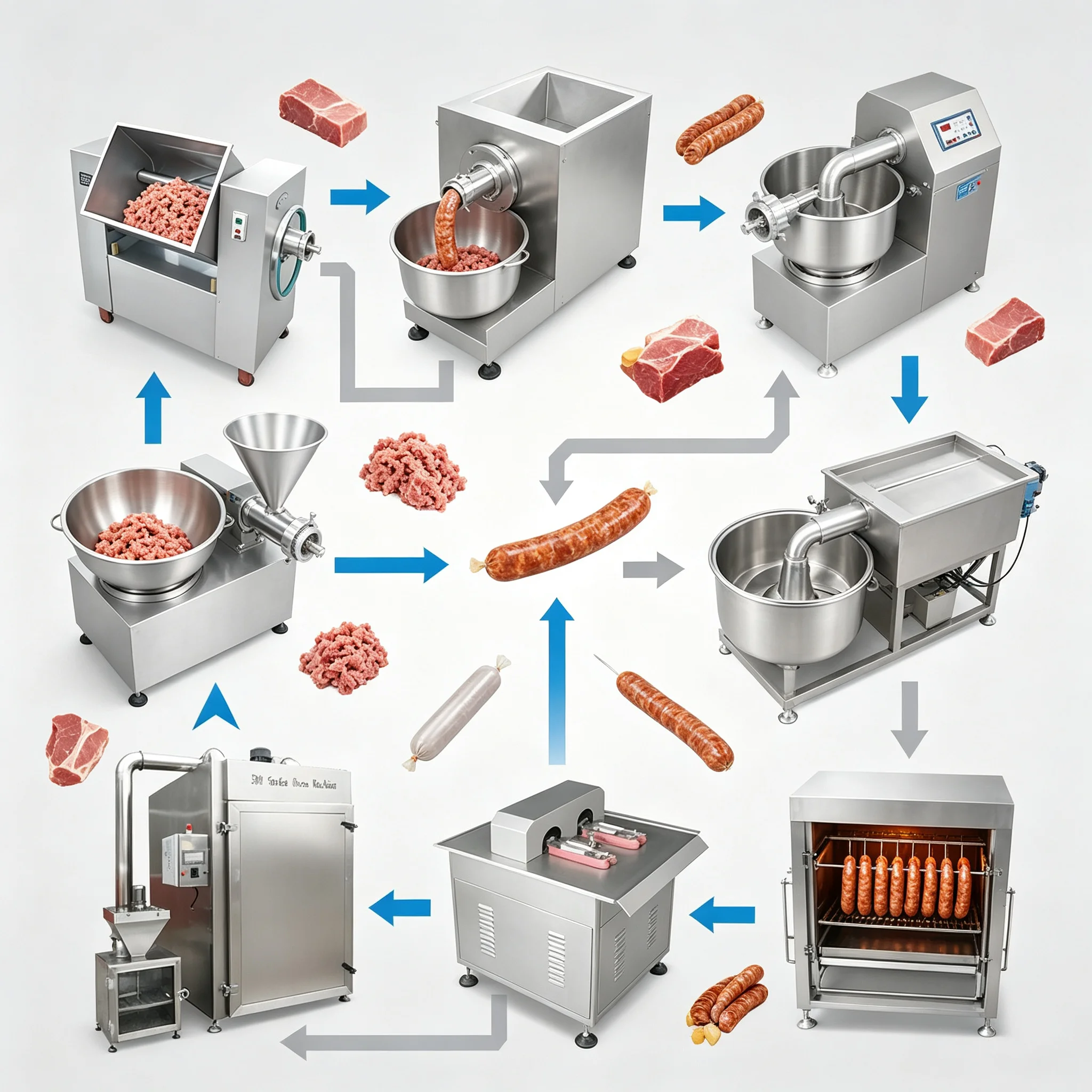 Automatic Workflow Sausage Fabrication Line Lower Manual Intervention For Food Factory Sausage Production