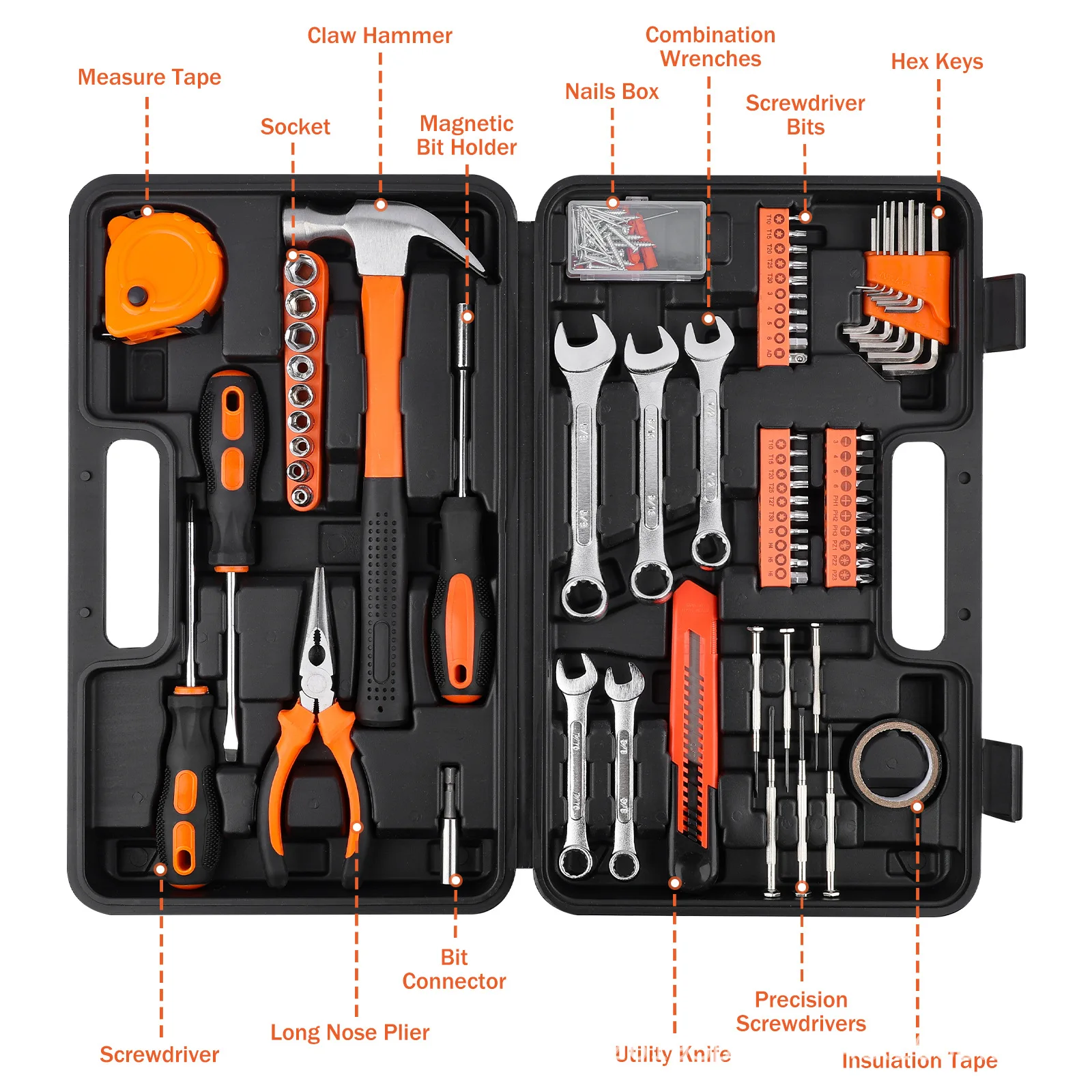148-piece set of household hardware tools, new tape measure, claw hammer, wrench set, toolbox.