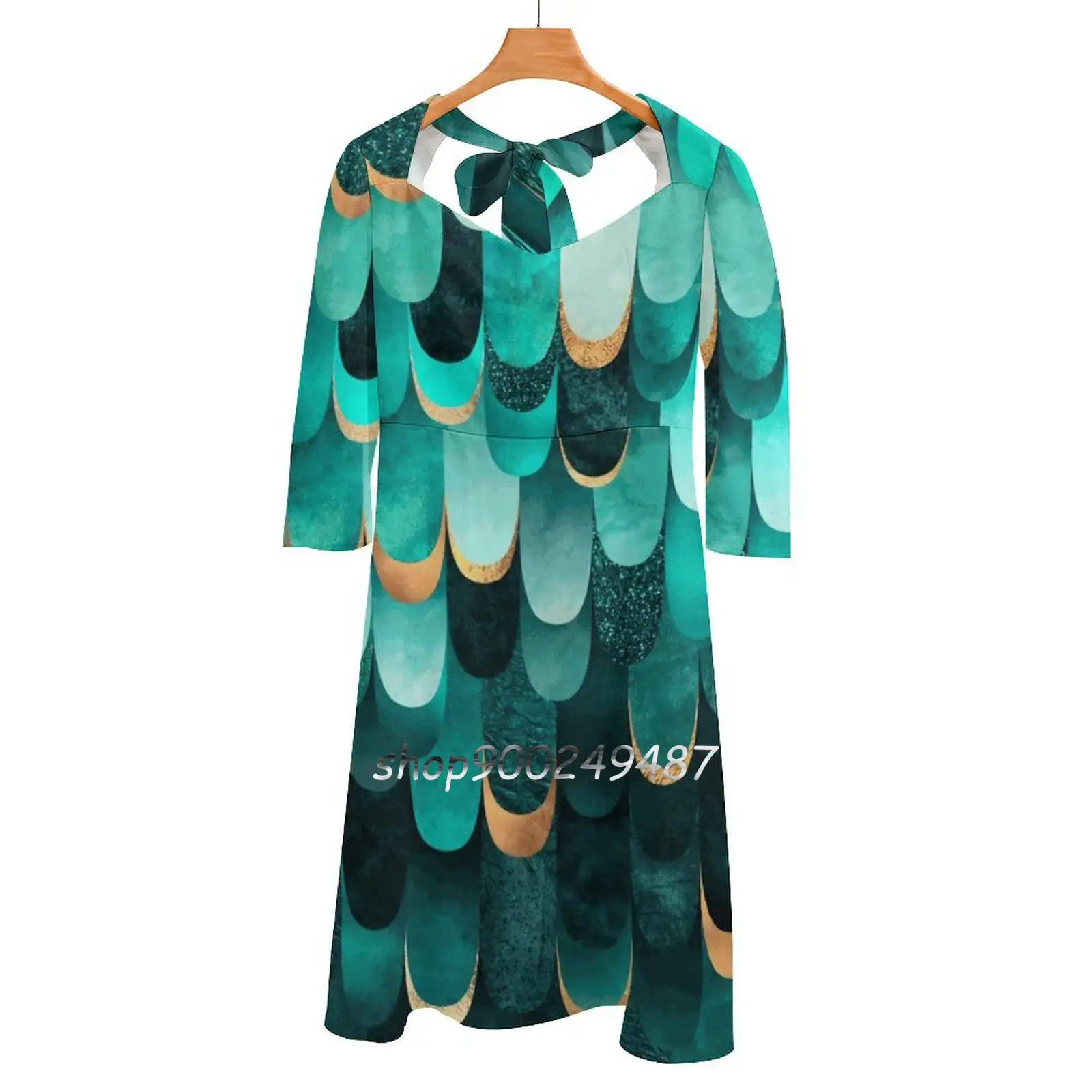 Penas-turquesa querida nó queimado vestido design de moda tamanho grande solto vestido gráfico padrão abstrato sereia escalas