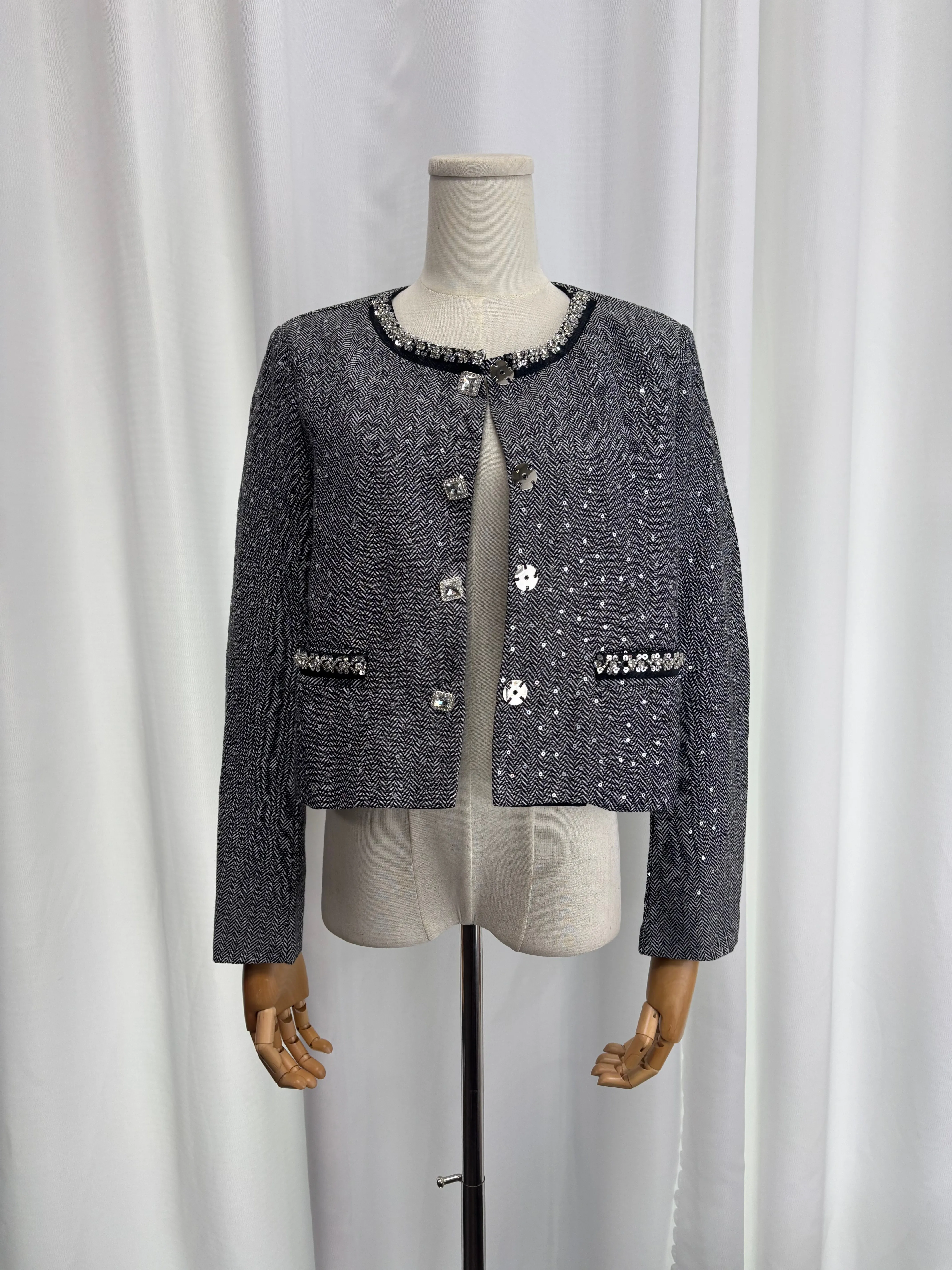 Real Shot Women's 2025 Spring French Elegant Heathered Tweed Blazer Cropped Long Sleeve Heavy Duty Rhinestone Embellished Luxury