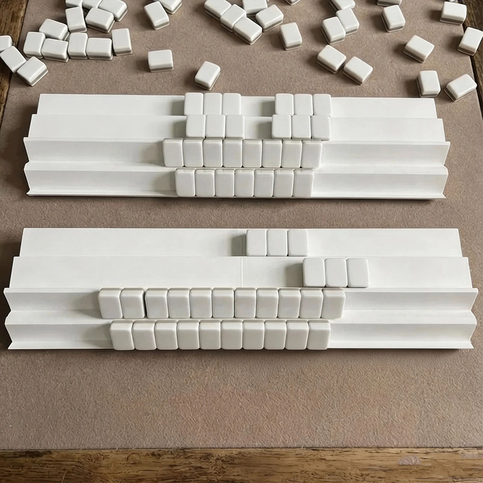 Folding Double Mahjong Rack Set with Exposure Area Mahjong Tile Rack White Mahjong Tile Holders for 2 Player Mahjong