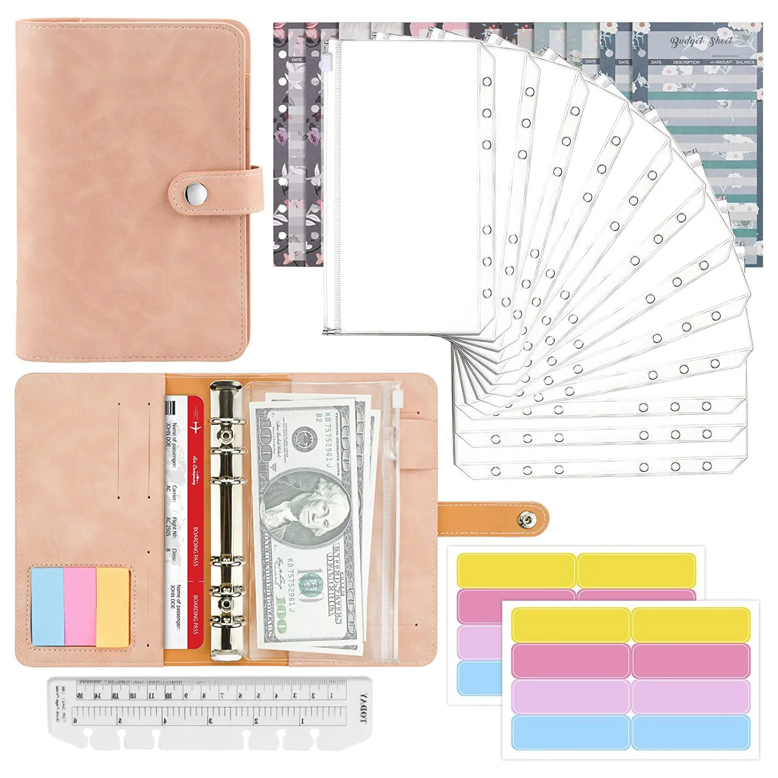 28Pcs A6 PU Leather Binder Budget Notebook Folders with Clear Binder Pockets ,Budget Sheets, Label Stickers, for Money Saving