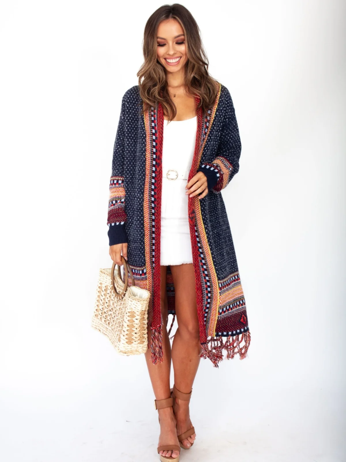 Boho Long Cardigan Women Open Front Maxi Knitted Sweaters Long Sleeve Hem Tassel Fringe Outerwears Folk Style Thin Coat Tops