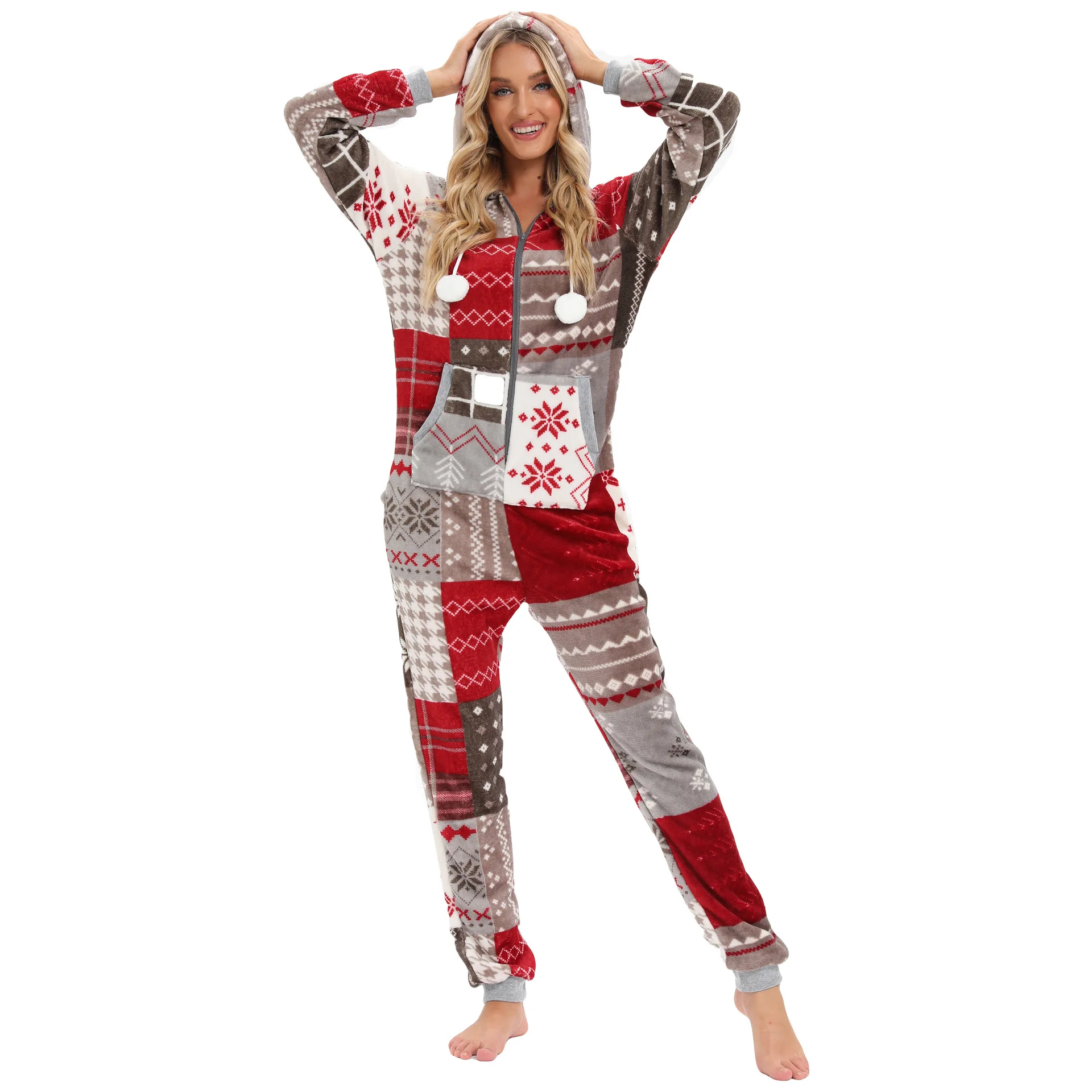 2022 Women Christmas Flannel Plaid Print Pajamas One-Piece Pijamas Adults Cosplay Costume Hooded Onesie