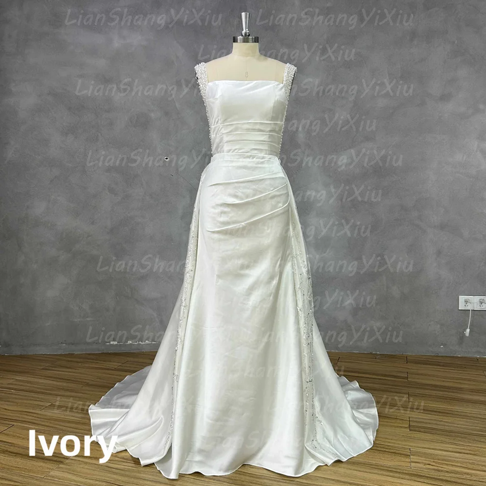 Satin Mermaid Wedding Dress Beaded Strap Square Neck V Back Detachable Overskirt Bridal Gown For Wedding Elopement Shoot 2026