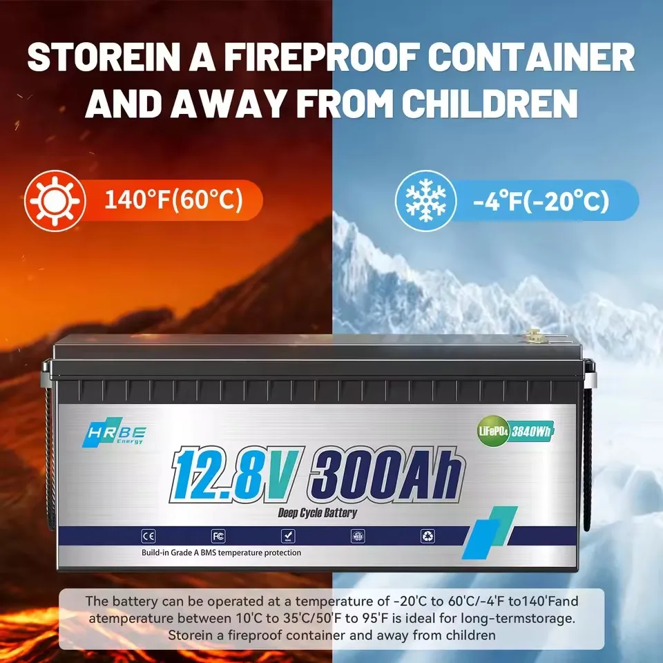 

HRBEEnergy 12V 300AH LiFePO4 Lithium Battery Pack RV Batteries For Marine Solar Trolling Motor Motorhome Camper With 200A BMS