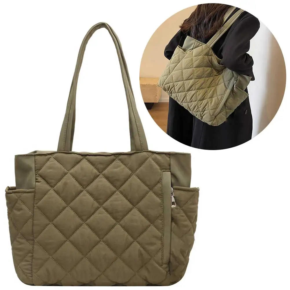 Women Padded Hobo Handbag Zipper Lightweight Handbag Large Capacity Down Satchel Bag Diamond Quilted Tote Bag Slouchy Travel Bag