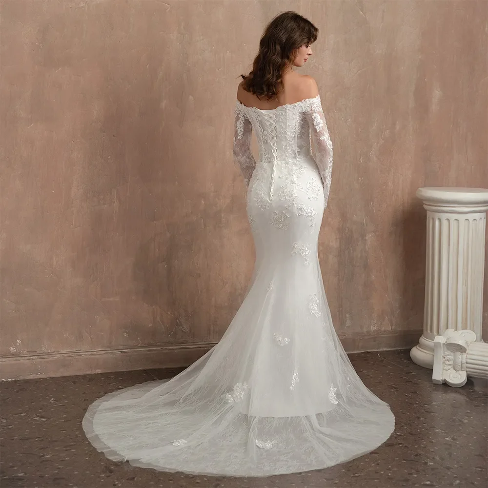 Magnifique robe de mariée en tulle blanc, appliques de perles de cristal, manches longues, longueur au sol, robe de mariée sirène, robe éducative