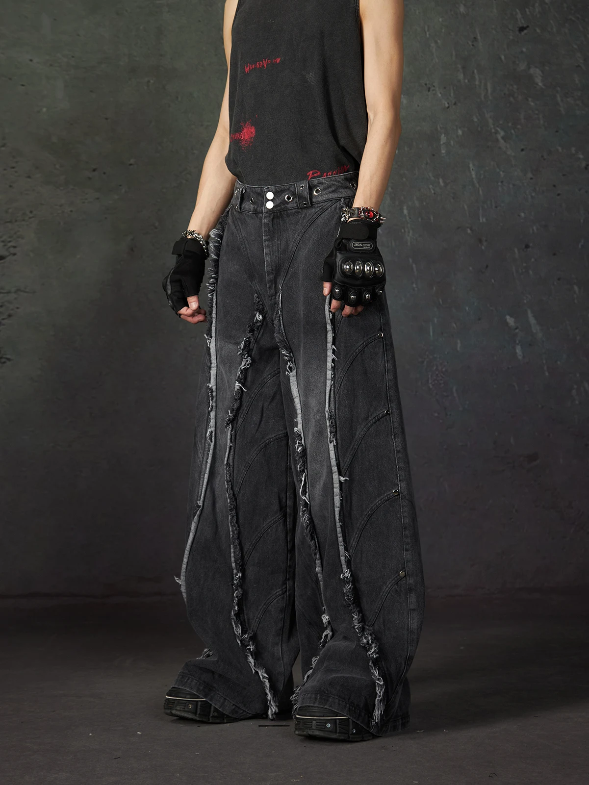 Special-Interest Design Heavy Industry Deconstruction Frayed Rivet Wide Leg Loose Jeans Wash Trousers