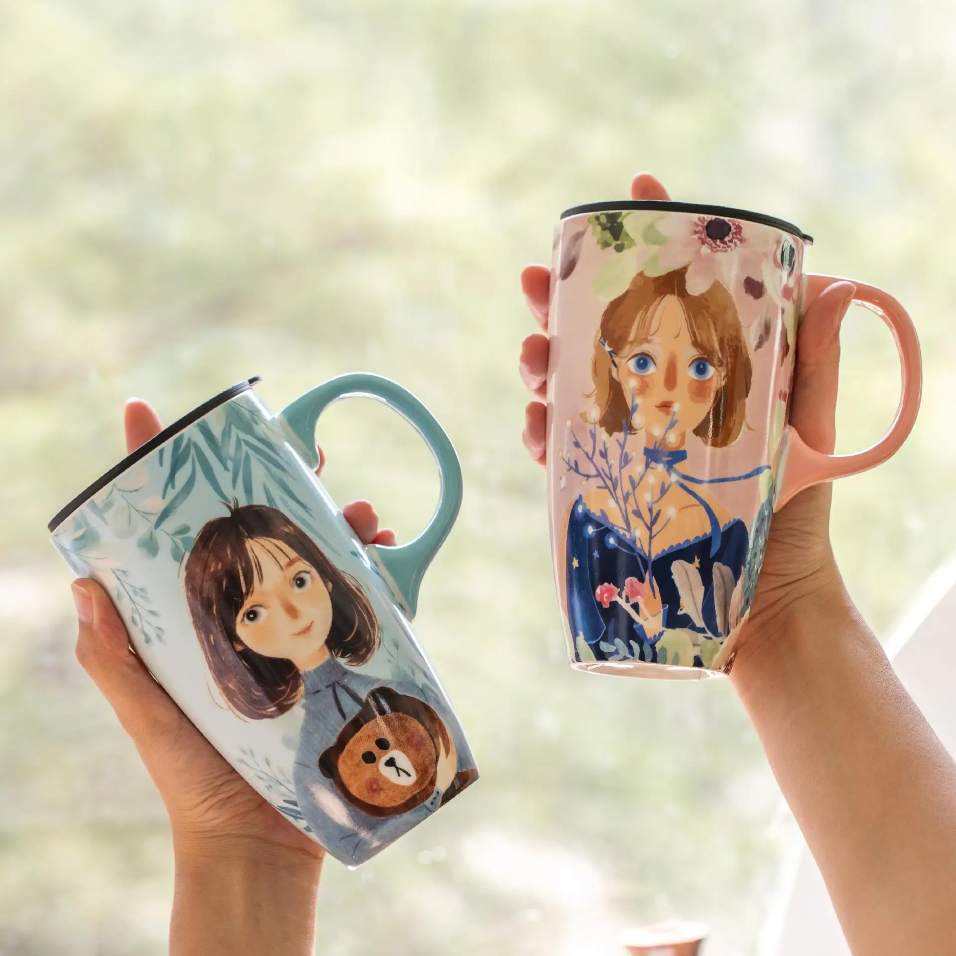 Light Fresh Large Capacity Ceramic Mug Cute Girl Style Mug with Lid High Aesthetic Appeal Household Coffee Cups Retro Water Cups view 2