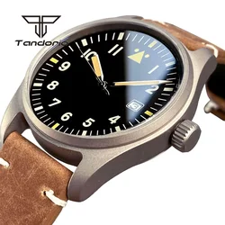 Tandorio nh35a titan 39mm pilot 200m dive herren automatische uhr flieger zifferblatt datum saphirglas leuchtende schraube kronen leder