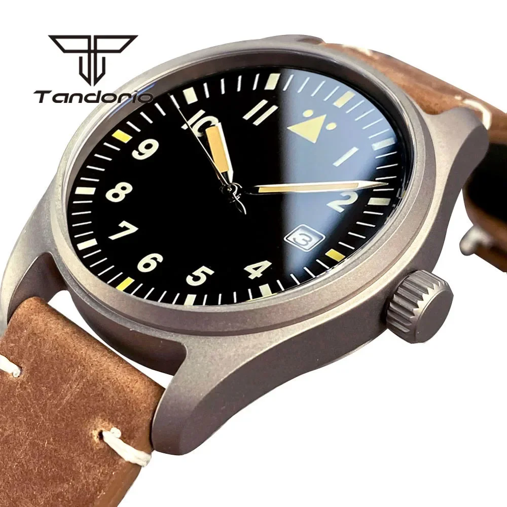 Tandorio NH35 Titanium 39mm Pilot Men's Automatic Diving Watch 20BAR Aviator Dial Date AR Sapphire Glass Luminous Screw Crown