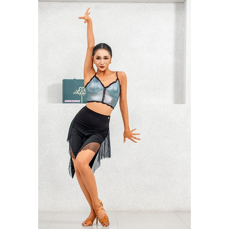 2025 New Latin Dance Skirts For Women Sexy Diamond Embellished Mesh High Waist Irregular Skirts Chacha Rumba Latin Wear DQS20597