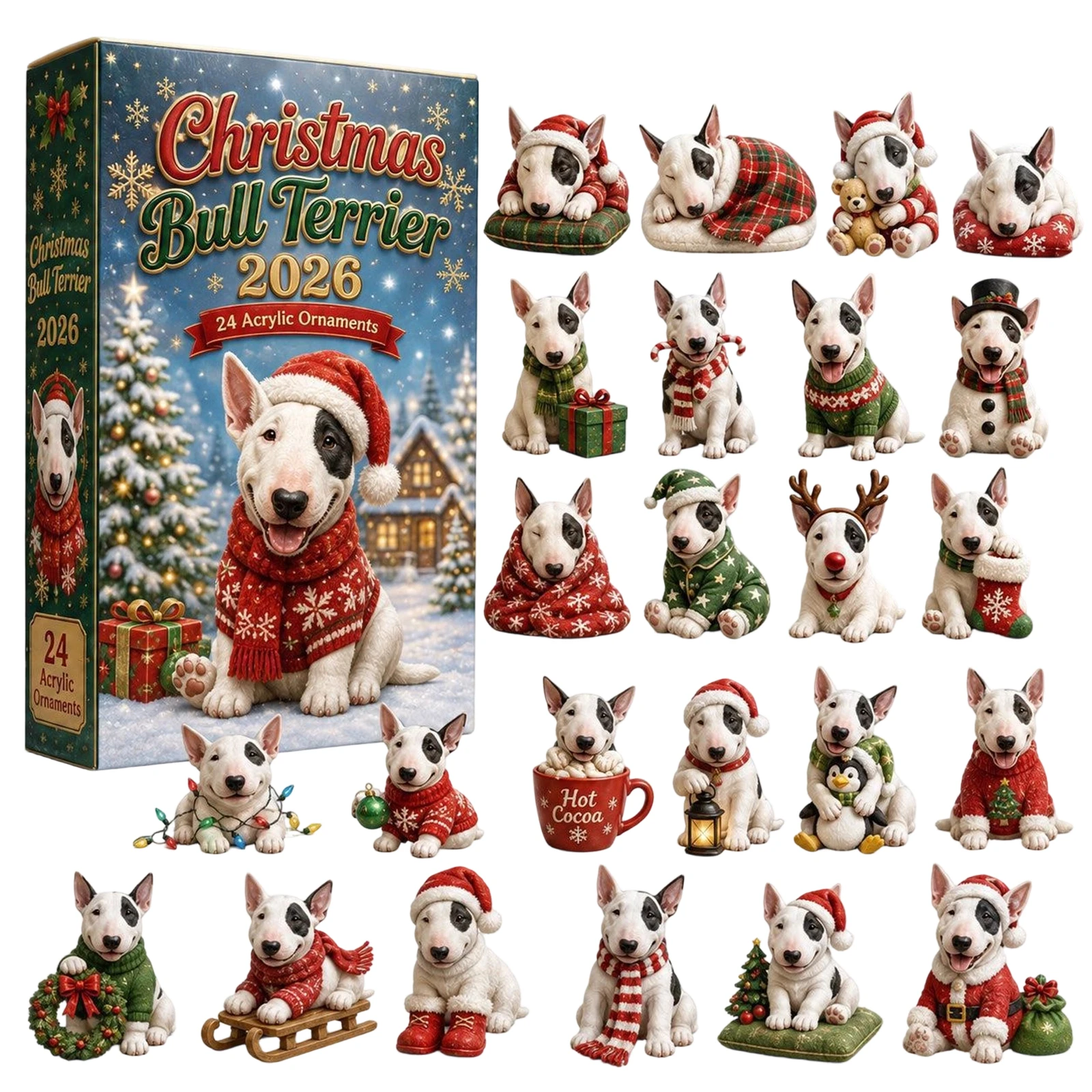 Christmas Bull Terrier 2026 Advent Calendar 24 Pcs Festive Bull Terrier 2D Acrylic Hanging Ornaments Holiday Countdown Surprise