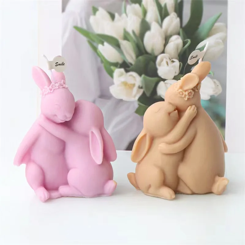 3D Lovely Couple Rabbit Candle Silicone Mold Bowknot Bunny DIY Scented Candle Gypsum Resin Mold Chocolate Baking Tool Decor Gift