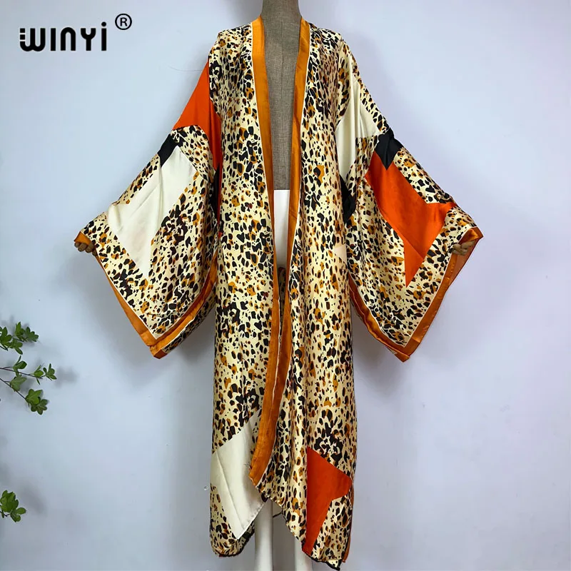 

WINYI Women Bohemian leopard print Elegant Casual dress African Cardigans Outerwear For Women Summer Sexy silk feeling Kimonos