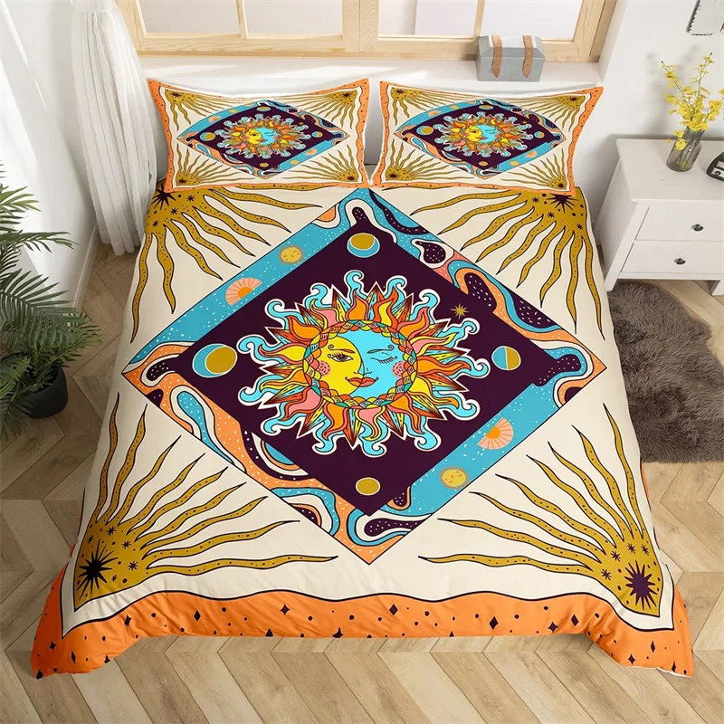 Sun And Moon Duvet Cover King Queen Starry Sky Galaxy Trippy Bedding Set For Kids Adults Microfiber Boho Geometric Quilt Cover