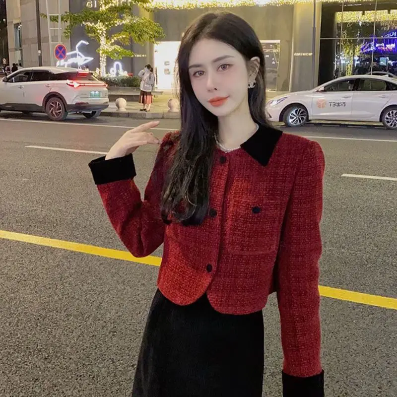 2023 Spring Autumn Small Fragrance Temperament Tweed Red Jacket Korean Fashion Women Top Chic Short Jackets