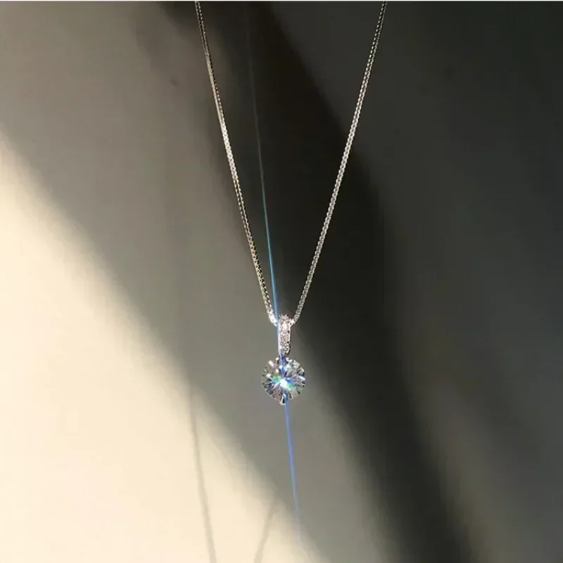 New Women 925 Sterling Silver Jewelry Zircon Fine Round Pendant Necklace Fashion Rhinestone Clavicle Chain Neck Birthday Gift