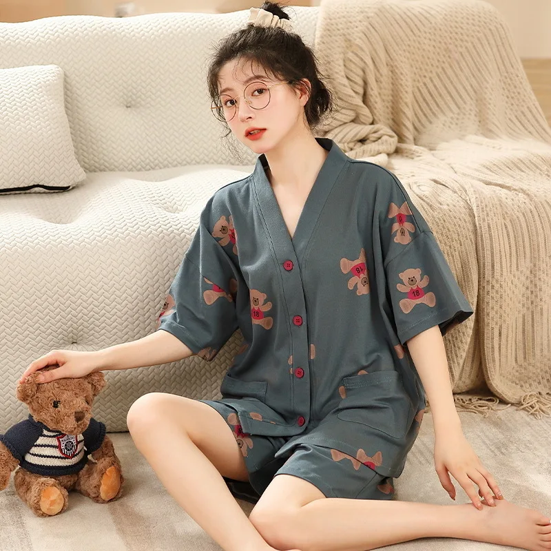 

Women's Sleepwear, Women's Summer Short Sleeved Cardigan, Cute Kimono, Cotton Set, Loose Summer Home Clothes Two-Piece Set