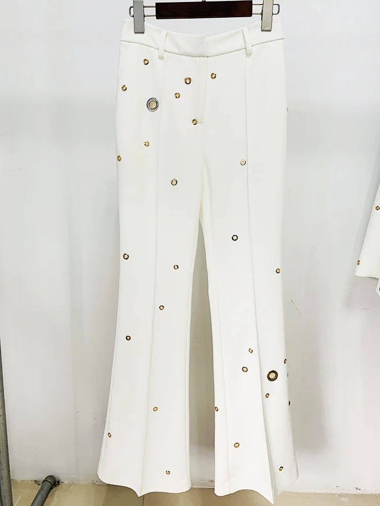 Runway Pantsuits for Women Newest Designer Fashion White Suit Set Wedding Single Button Rivet Eyelet Lapel Blazer Pants Set 2pcs