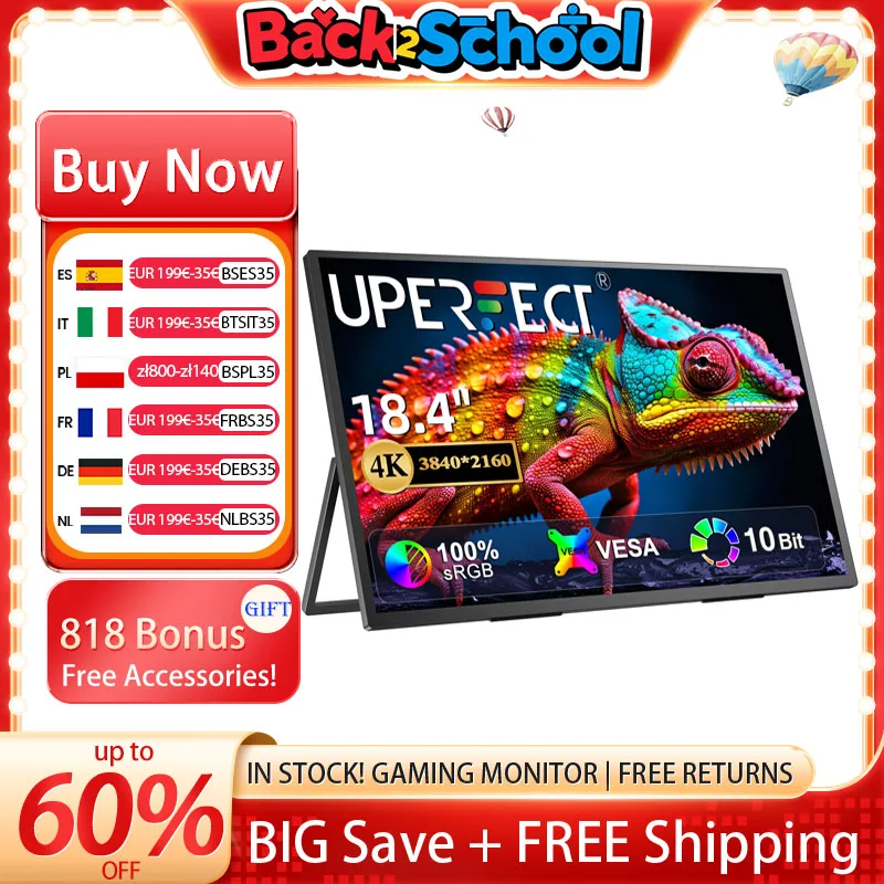 UPERFECT Display da gioco per monitor portatile 4K da 18,4 pollici 60Hz Schermo esteso ultrasottile a 10 bit per PS5/4 Switch Laptop PC Mac Xbox