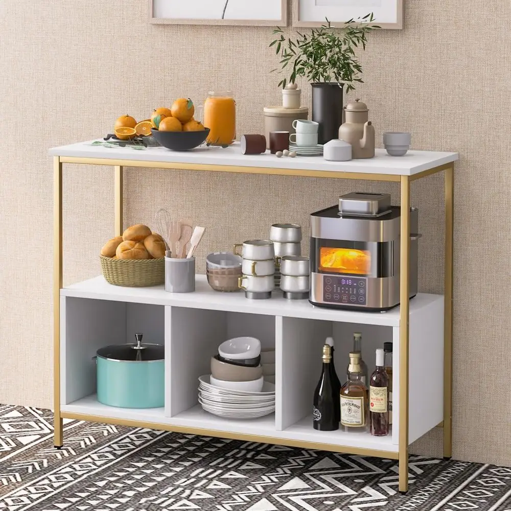 Storage Cabinet, Wooden Sideboard with Large Open Shelf, 3 Compartments amp Adjustable Foot Pads, Metal Frame Console Buffet Cu