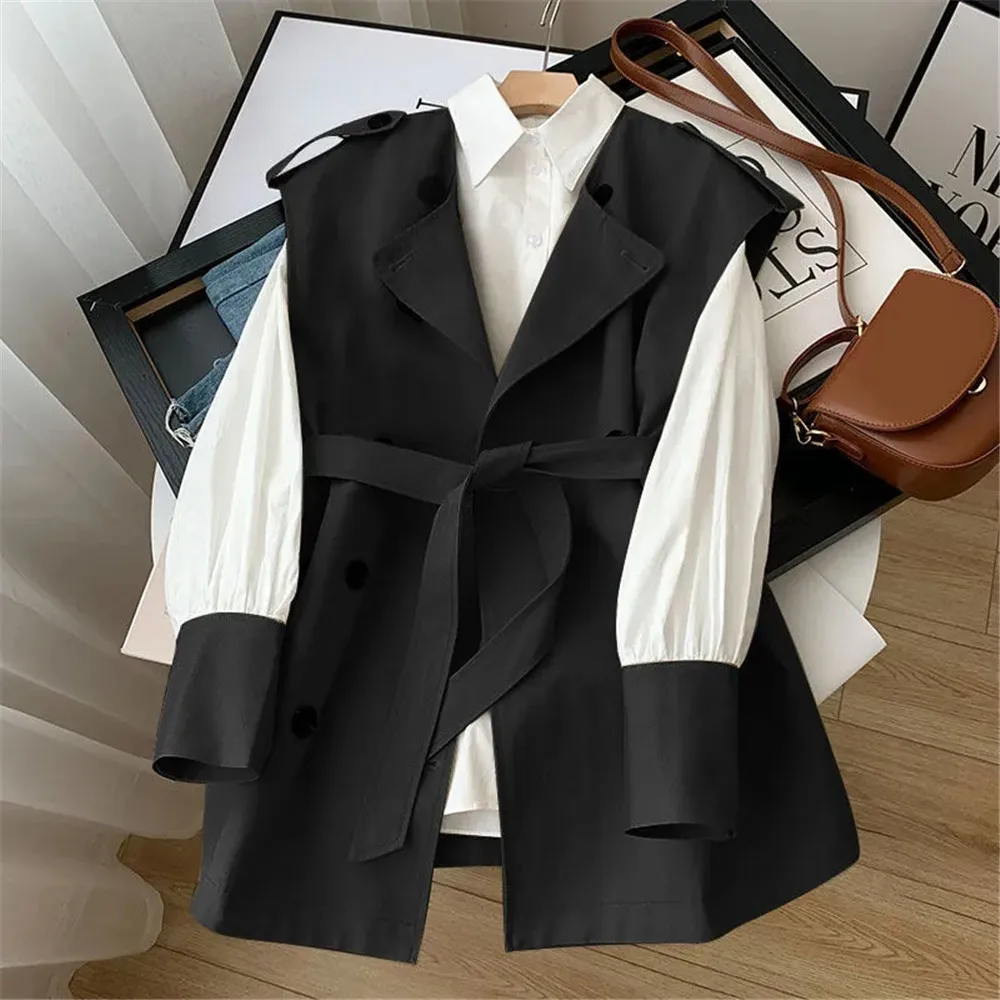 Office Ladies Temperament Top 2pcs Sets Tie Waist Trench Coat Vest +White Shirt Stitching Sleeves Women Korean Fashion Suit 2022