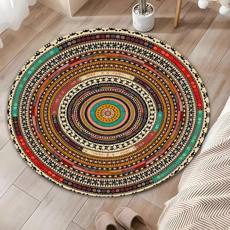Elegant Gold Black Mandala Floral Geometric Symmetry Round Carpet For Yoga Studio Or Lounge With Spiritual Balance Mat
