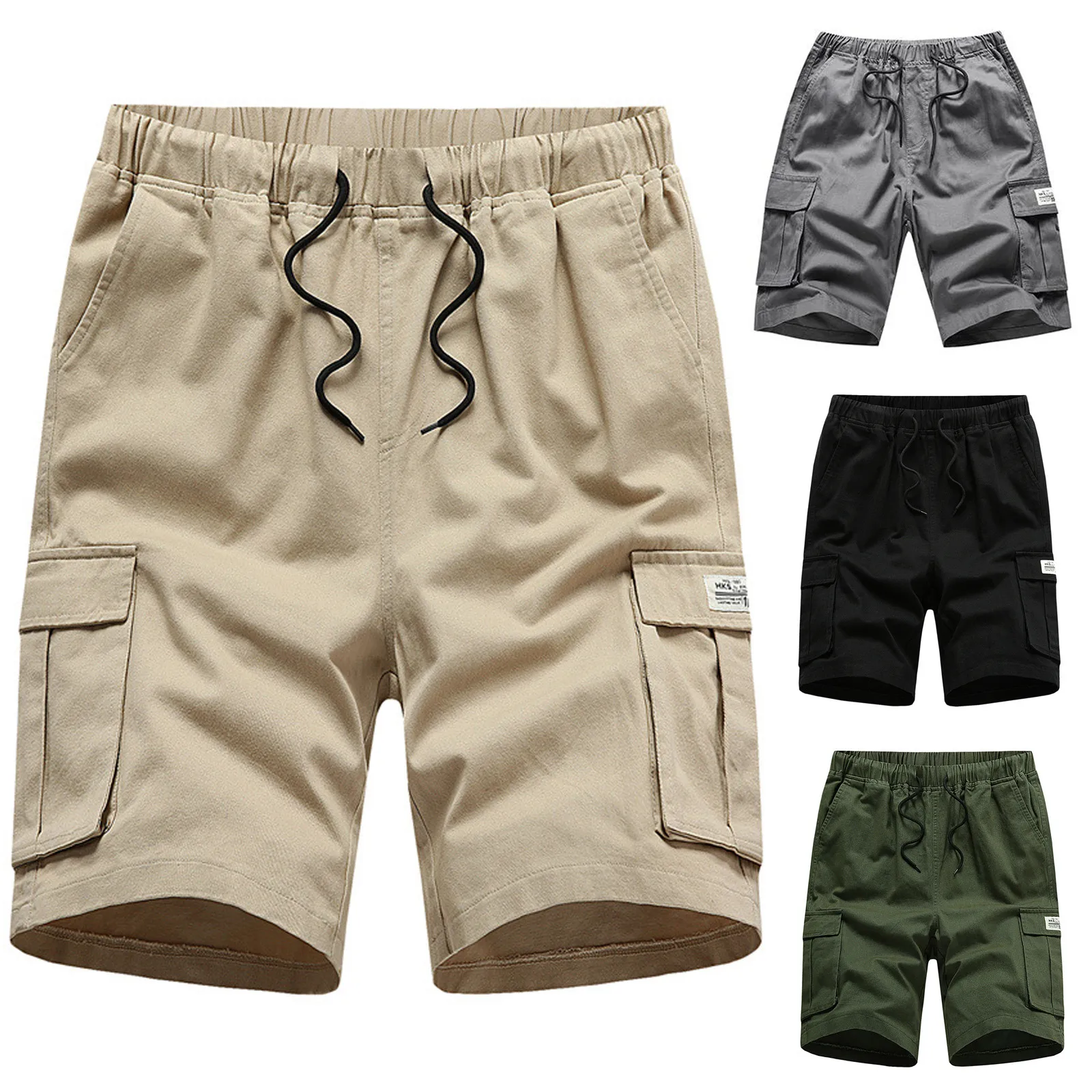 Shorts de carga solto de bolso múltiplo masculino, shorts esportivos diários com tudo a combinar, tamanho grande, monocromático, moda casual, verão