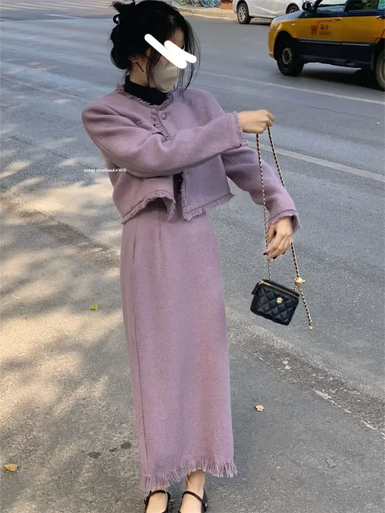 

Insozkdg Elegant Purple Small Fragrant Style High-Level Women Suit Jacket Skirt Spring Autumn Puff Sleeve Coat Long 2-piece Sets