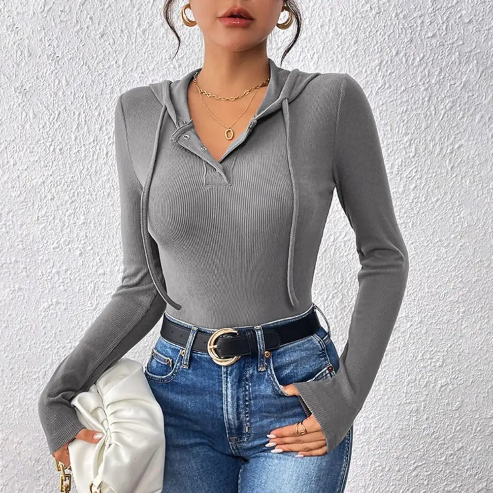 

Polyester Spandex Bodysuit Women's Slim Fit Long Sleeve Hoodie Bodysuit Ribbed V-neck Pullover Cozy Hooded Jumpsuit for Everyday