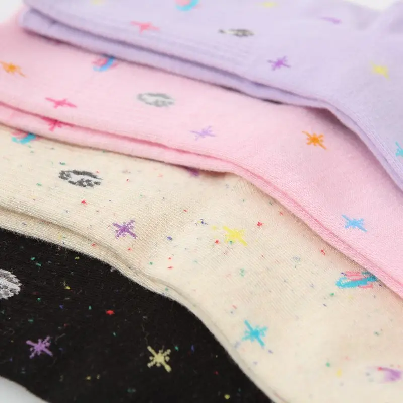 Calcetines de algodón estilo Harajuku con Luna y estrellas para calcetines divertidos para mujer, ropa de calle informal, cálida, creativa, japonesa, rosa, coreana