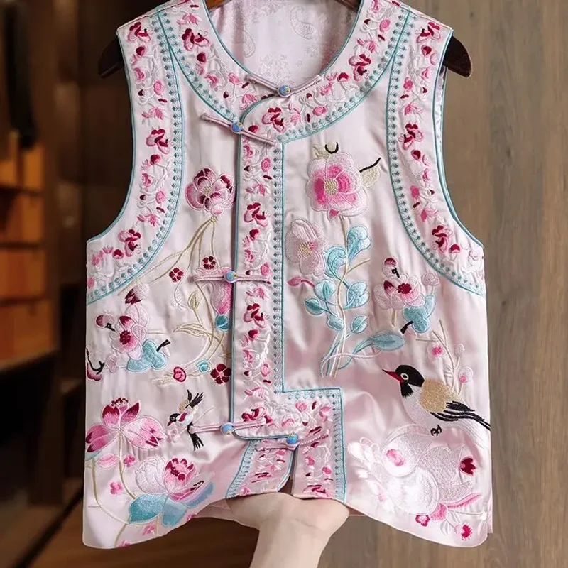 

Embroidered Satin Silk Vest Women's Round Neck Ethnic Style Embroidery Sleeveless Top Chinese National Top