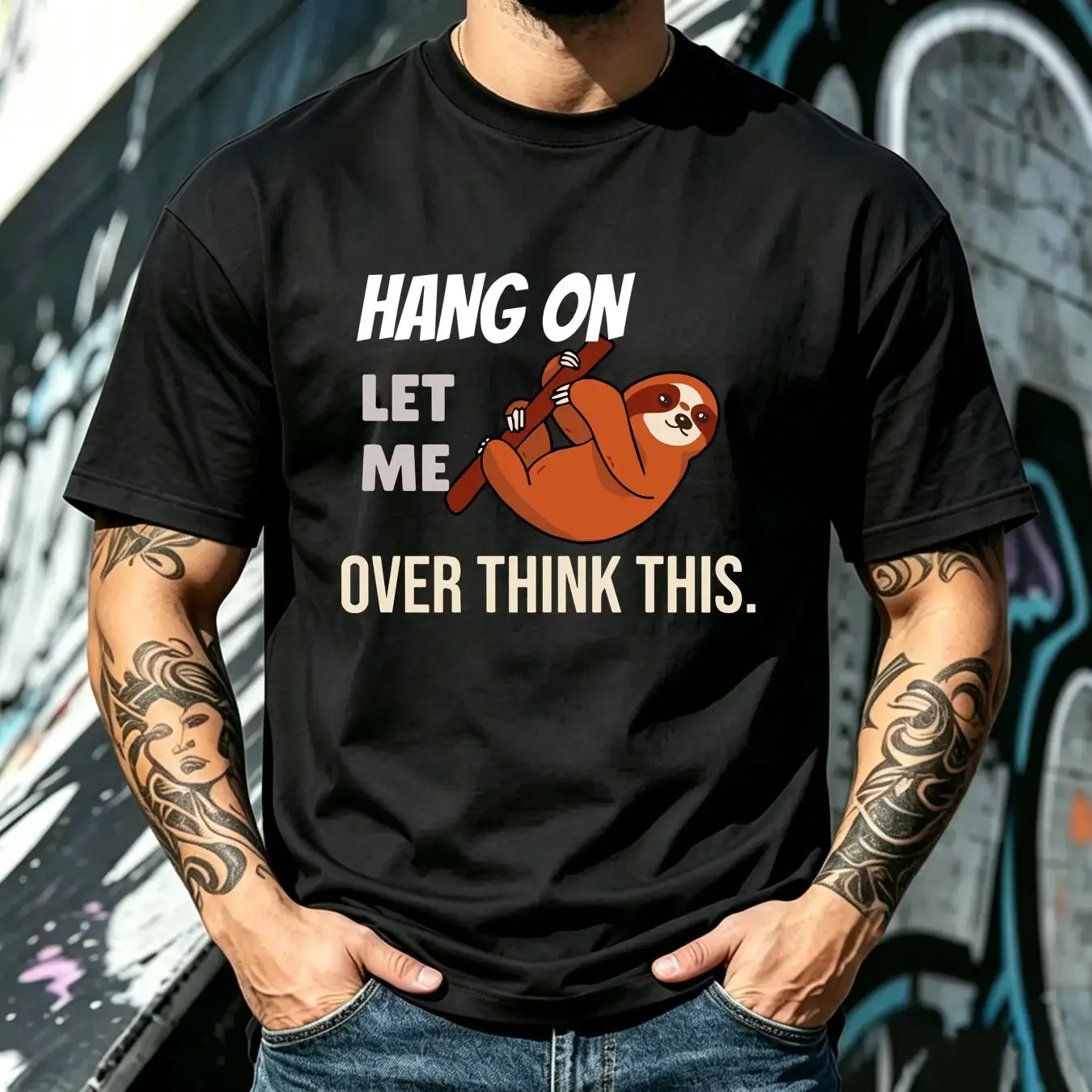 washed T Shirt Hang On Let Me Overthink This Funny Sloth Design long or short sleeves vintage Washed Unisex Breathable